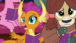 Size: 1278x719 | Tagged: safe, screencap, berry blend, berry bliss, smolder, yona, dragon, yak, g4, the end in friend, bow, cloven hooves, dragoness, female, friendship student, hair bow, looking at you, monkey swings, notebook, open mouth, pencil, raised eyebrow