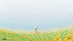 Size: 3840x2160 | Tagged: safe, artist:doughnutwubbs, oc, oc only, pony, field, flower, flower field, hat, high res, rear view, sitting, solo, sun hat