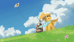 Size: 3840x2160 | Tagged: safe, artist:doughnutwubbs, artist:potato22, oc, oc only, oc:mareota, oc:oulie mareota, pegasus, pony, cloud, field, high res, kite, neckerchief, open mouth, open smile, smiling, solo, standing, windswept mane