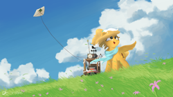 Size: 3840x2160 | Tagged: safe, artist:doughnutwubbs, artist:potato22, oc, oc only, oc:mareota, pegasus, pony, cloud, female, field, high res, kite, mare, neckerchief, open mouth, open smile, outdoors, pegasus oc, sky, smiling, solo, standing, windswept mane, wings