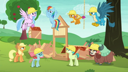 Size: 1280x720 | Tagged: safe, screencap, applejack, gallus, ocellus, rainbow dash, sandbar, silverstream, smolder, yona, changedling, changeling, classical hippogriff, dragon, earth pony, griffon, hippogriff, pegasus, pony, yak, g4, non-compete clause, bow, clothes, cloven hooves, colored hooves, flying, hair bow, hard hat, hat, jewelry, monkey swings, necklace, rope, student six, wood