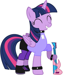 Size: 790x942 | Tagged: safe, artist:pagiepoppie12345, twilight sparkle, alicorn, pony, g4, anatomically incorrect, clothes, collar, eyes closed, female, guitar, hi hi puffy ami yumi, holding, horn, incorrect leg anatomy, mare, musical instrument, noodle arms, pants, shirt, shoes, simple background, skirt, skull, smiling, spiked collar, spikes, tomboy, transparent background, twilight sparkle (alicorn), wat, wings, wristband, yumi yoshimura
