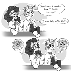 Size: 3000x3000 | Tagged: safe, artist:djkaskan, saffron masala, zesty gourmand, pony, g4, age difference, black and white, blushing, comic, duo, female, grayscale, high res, lesbian, mare, meme, monochrome, shipping, simple background, thought bubble, white background, zesty masala