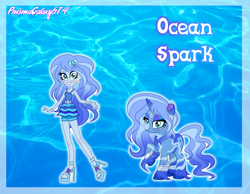 Size: 3224x2504 | Tagged: safe, artist:prismagalaxy514, artist:selenaede, oc, oc only, oc:ocean spark, human, pony, unicorn, equestria girls, g4, accessory, clothes, dress, hairclip, high heels, high res, jewelry, reference sheet, shoes, shorts, solo, tail, wavy hair, wavy mane, wavy tail