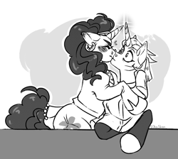 Size: 2959x2647 | Tagged: safe, artist:djkaskan, saffron masala, zesty gourmand, pony, unicorn, g4, age difference, black and white, blushing, duo, eyes closed, female, grayscale, high res, kiss on the lips, kissing, lesbian, mare, monochrome, shipping, simple background, white background, zesty masala