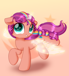 Size: 1856x2048 | Tagged: safe, artist:neige de printdemps, sunny starscout, alicorn, pony, g5, my little pony: a new generation, female, horn, magic, mane stripe sunny, race swap, simple background, solo, sunnycorn, wings