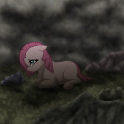 Size: 576x576 | Tagged: safe, artist:timekept, pinkie pie, earth pony, pony, g4, female, filly, foal, lying down, overcast, pinkamena diane pie, prone, sad, solo