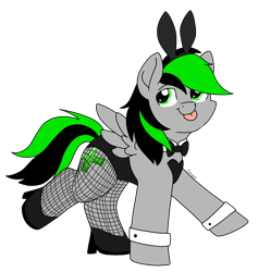 Size: 1182x1248 | Tagged: safe, artist:eowyn, oc, oc only, oc:nighty, pegasus, pony, :p, bowtie, bunny ears, bunny suit, clothes, crossdressing, fishnet stockings, male, pegasus oc, shoes, simple background, solo, spread wings, tongue out, transparent background, wings