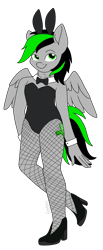 Size: 843x2048 | Tagged: safe, artist:eowyn, oc, oc only, oc:nighty, pegasus, anthro, bowtie, bunny ears, bunny suit, clothes, crossdressing, fishnet stockings, male, pegasus oc, shoes, simple background, solo, spread wings, transparent background, wings