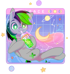 Size: 873x916 | Tagged: safe, artist:wavecipher, oc, oc:nighty, pegasus, pony, commission, constellation, drink, drinking, drinking straw, male, pegasus oc, solo, space, straw, white pupils, ych result