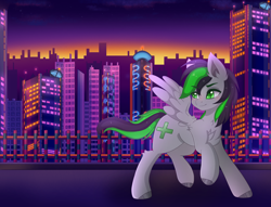 Size: 4096x3128 | Tagged: safe, artist:bizarrepony, oc, oc only, oc:nighty, pegasus, pony, city, cityscape, crossover, dawn, detailed background, fence, male, pegasus oc, skyscraper, solo, sonic mania, sonic the hedgehog (series), spread wings, studiopolis, wings