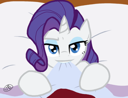 Size: 1000x773 | Tagged: safe, artist:the-kinetic, rarity, pony, unicorn, g4, 2012, bed, bedroom eyes, biting, biting the blanket, female, old art, solo