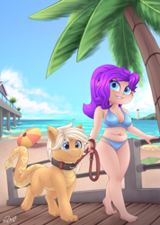 Size: 2720x3825 | Tagged: safe, artist:rivin177, oc, oc only, oc:izama boa, oc:rivin, human, original species, rattlesnake, snake, snake pony, beach, beautiful, belly button, bikini, bikini bottom, bikini top, blue eyes, boat, breasts, bridge, claws, clothes, cloud, collar, dock, duo, female, heart, heart mark, high res, humanized, leash, lighthouse, looking at you, male, ocean, palm tree, pet, pet play, plump, purple hair, rattle, sky, smiling, smiling at you, swimsuit, tail, tree, walking, water, white hair