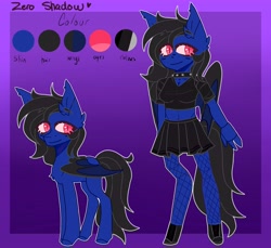 Size: 9098x8340 | Tagged: safe, artist:cupcakeblue223, oc, oc only, oc:zero shadow, bat pony, pony, anthro, clothes, collar, female, fishnet stockings, goth, reference sheet, shoes, simple background, skirt, top, wings