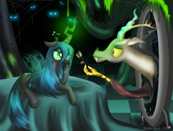 Size: 2032x1534 | Tagged: safe, artist:giuliabeck, discord, queen chrysalis, changeling, changeling queen, draconequus, g4, changeling hive, crown, duo, female, flower, glowing, glowing horn, horn, jewelry, male, portal, regalia, ship:discolis, shipping, straight