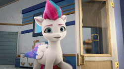 Size: 600x338 | Tagged: safe, screencap, zipp storm, pegasus, pony, g5, my little pony: make your mark, my little pony: make your mark chapter 1, spoiler:my little pony: make your mark, animated, colored wings, concave belly, female, floppy ears, gif, i watch it for the ears, mare, multicolored wings, partially open wings, slender, solo, thin, wings