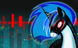 Size: 2600x1620 | Tagged: safe, artist:giuliabeck, dj pon-3, vinyl scratch, pony, unicorn, g4, corrupted, female, nightmare vinyl, nightmarified, slit pupils, solo