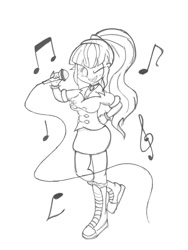 Size: 768x1024 | Tagged: safe, artist:tiga mega, sonata dusk, human, equestria girls, g4, black and white, breasts, busty sonata dusk, clothes, female, gem, grayscale, grin, hand on hip, jewelry, looking at you, microphone, monochrome, music notes, necklace, one eye closed, simple background, siren gem, smiling, smiling at you, solo, spiked wristband, white background, wink, winking at you, wristband