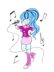 Size: 768x1024 | Tagged: safe, artist:tiga mega, sonata dusk, human, equestria girls, g4, breasts, busty sonata dusk, cleavage, clothes, female, gem, grin, hand on hip, jewelry, looking at you, microphone, music notes, necklace, one eye closed, simple background, siren gem, smiling, smiling at you, solo, spiked wristband, white background, wink, winking at you, wristband