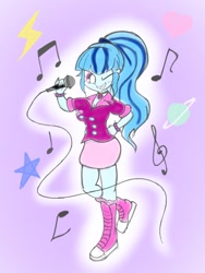 Size: 768x1024 | Tagged: safe, artist:tiga mega, sonata dusk, human, equestria girls, g4, breasts, busty sonata dusk, clothes, female, gem, grin, hand on hip, heart, jewelry, looking at you, microphone, music notes, necklace, one eye closed, purple background, simple background, siren gem, smiling, smiling at you, solo, spiked wristband, stars, wink, winking at you, wristband