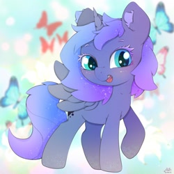 Size: 2000x2000 | Tagged: safe, artist:zokkili, princess luna, alicorn, butterfly, pony, g4, abstract background, colored eyelashes, cute, ear fluff, ethereal mane, female, filly, foal, high res, horn, looking at you, lunabetes, open mouth, open smile, raised hoof, smiling, smiling at you, solo, spread wings, wings, woona, younger