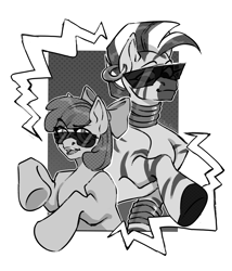 Size: 2503x2921 | Tagged: safe, artist:djkaskan, apple bloom, zecora, earth pony, pony, zebra, g4, black and white, comic style, grayscale, high res, monochrome