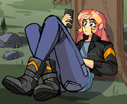 Size: 2086x1713 | Tagged: safe, artist:exvius, sunset shimmer, human, equestria girls, g4, boots, cellphone, clothes, denim, female, forest background, jacket, jeans, leather, leather jacket, pants, phone, shoes, sitting, solo
