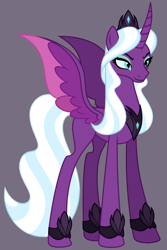 Size: 3030x4545 | Tagged: safe, artist:feather_bloom, opaline arcana, alicorn, pony, g4, g5, my little pony: make your mark, spoiler:g5, spoiler:my little pony: make your mark, antagonist, crown, curved horn, eyebrows, eyeshadow, female, g5 to g4, generation leap, gray background, high res, horn, jewelry, makeup, mare, queen, regalia, simple background, smiling, smirk, solo, spread wings, wings