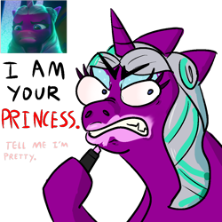 Size: 1000x1000 | Tagged: safe, artist:pilk, edit, edited screencap, screencap, opaline arcana, alicorn, pony, g5, my little pony: make your mark, my little pony: make your mark chapter 1, spoiler:g5, spoiler:my little pony: make your mark, angry, dialogue, digital art, eyebrows, eyelashes, eyeshadow, faic, female, floppy ears, frown, gritted teeth, hoof hold, lipstick, long eyelashes, makeup, mare, simple background, solo, teeth, tell me i'm pretty, text, the fairly oddparents, transparent background