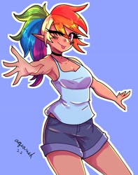 Size: 1800x2281 | Tagged: safe, artist:mylittleyuri, rainbow dash, human, g4, :p, alternate hairstyle, armpits, bare shoulders, blue background, blushing, choker, clothes, elf ears, female, humanized, moderate dark skin, one eye closed, shorts, simple background, sleeveless, solo, tank top, tongue out, wink