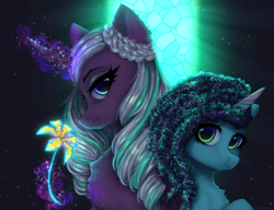 Size: 2600x2000 | Tagged: safe, artist:avrameow, misty brightdawn, opaline arcana, alicorn, pony, unicorn, g5, spoiler:g5, spoiler:my little pony: make your mark, duo, duo female, female, flower, glowing, glowing horn, high res, horn, looking at you, magic, magic aura, mare, ocean lily, smiling, smiling at you, telekinesis