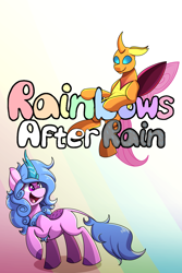 Size: 2000x3000 | Tagged: safe, artist:littletigressda, izzy moonbow, sunny starscout, changedling, changeling, kirin, fanfic:rainbows after rain, g5, changedlingified, changelingified, fanfic, fanfic art, fanfic cover, female, high res, kirin izzy moonbow, kirin-ified, mare, obscured text, simple background, species swap, text