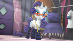 Size: 1920x1080 | Tagged: safe, artist:midnightdanny, rarity, pony, unicorn, g4, 3d, boutique, clothes, glasses, looking at you, socks, solo, source filmmaker, striped socks