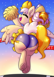Size: 2048x2888 | Tagged: safe, artist:northernlightsone, oc, oc only, oc:learning curve, earth pony, pegasus, pony, butt, cheering, cheerleader, cheerleader outfit, clothes, commission, commissioner:bigonionbean, cutie mark, extra thicc, female, flank, fusion, fusion:cheerilee, fusion:spitfire, high res, mare, plot, pom pom, solo, spread wings, tail, underhoof, wings, writer:bigonionbean