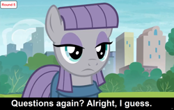 Size: 1920x1218 | Tagged: safe, edit, edited screencap, screencap, maud pie, earth pony, pony, comic:celestia's servant interview, g4, the gift of the maud pie, caption, cs captions, detailed background, female, interview, looking at you, manehattan, mare, solo, text