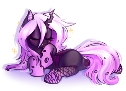 Size: 2510x1819 | Tagged: safe, artist:kannakiller, oc, oc only, oc:mirage, changeling, pony, blushing, changeling oc, clothes, cute, digital art, eyes closed, female, fishnet stockings, gift art, horn, mare, purple changeling, simple background, sketch, smiling, socks, solo, sparkles, white background