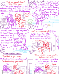 Size: 4779x6013 | Tagged: safe, artist:adorkabletwilightandfriends, twilight sparkle, oc, oc:lawrence, alicorn, earth pony, pony, unicorn, comic:adorkable twilight and friends, adorkable, adorkable twilight, bathroom, bathroom denial, bed, blushing, but why, cabinet, clock, comic, cute, door, dork, embarrassed, fart joke, funny, glasses, happy, horn, hotel, hotel room, humor, implied farting, implied pooping, lamp, lying down, motel, nervous, no toilet paper, oblivious, pillow, shampoo, sink, sitting, sitting on toilet, slice of life, soap, thinking, thought bubble, thoughts, tissue box, toilet, toilet humor, toilet paper, twilight sparkle (alicorn), unicorn oc, walking