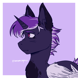 Size: 1400x1400 | Tagged: safe, artist:lonesomecryptid, oc, pony, commission, horn, icon, purple background, purple hair, red eyes, simple background, solo, wings