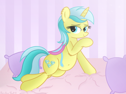 Size: 4032x3016 | Tagged: safe, artist:rainbowšpekgs, lemony gem, pony, unicorn, g4, bed, bedroom, bedroom eyes, belly, belly button, chubby, clothes, female, leaning, looking at you, lying, mare, pillow, raised hoof, saddle, seductive pose, show accurate, small clothes, smiling, solo