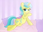 Size: 4032x3016 | Tagged: safe, artist:rainbowšpekgs, lemony gem, pony, unicorn, bed, bedroom, bedroom eyes, belly, belly button, chubby, clothes, female, leaning, looking at you, lying, mare, pillow, raised hoof, saddle, seductive pose, show accurate, small clothes, smiling, solo