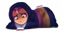 Size: 2048x1075 | Tagged: safe, artist:maren, sunny starscout, earth pony, pony, g5, my bananas, my little pony: tell your tale, spoiler:g5, spoiler:my little pony: tell your tale, spoiler:tyts01e21, blanket burrito, cellphone, crying, doodle, female, mane stripe sunny, mare, multicolored hair, phone, rainbow hair, sad, simple background, teary eyes, white background