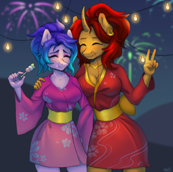 Size: 3500x3471 | Tagged: safe, artist:naet, oc, oc only, earth pony, anthro, breasts, cleavage, curved horn, duo, duo female, ear piercing, earring, eyes closed, female, fireworks, food, high res, horn, jewelry, peace sign, piercing, string lights, vaguely asian robe