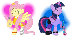 Size: 1648x842 | Tagged: safe, artist:pagiepoppie12345, fluttershy, twilight sparkle, alicorn, pegasus, pony, g4, ^^, ami onuki, boots, bracelet, clothes, collar, emoticon, eyes closed, female, flower, girly girl, guitar, hair bun, hi hi puffy ami yumi, holding, horn, jewelry, mare, microphone, musical instrument, noodle arms, pants, shirt, shoes, simple background, skirt, skull, smiling, spiked collar, spikes, spread wings, tomboy, transparent background, twilight sparkle (alicorn), wings, wristband, yumi yoshimura