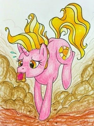 Size: 768x1032 | Tagged: safe, artist:mintytreble, luster dawn, pony, unicorn, g4, dirt, running, schoolgirl toast, solo, traditional art