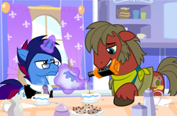 Size: 4800x3150 | Tagged: safe, artist:earth_pony_colds, oc, oc:disco hooch, oc:marquis majordome, earth pony, pony, unicorn, alcohol, annoyed, clothes, cookie, drink, earth pony oc, facial hair, food, funny, horn, kitchen, levitation, liquid, magic, pouring, show accurate, sideburns, size difference, suit, tall, tea, teapot, telekinesis, tipsy, unicorn oc, whiskey, yellow eyes