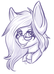 Size: 1006x1370 | Tagged: safe, artist:artguts, oc, oc only, oc:mockery, earth pony, pony, clothes, digital art, earth pony oc, eyeliner, fangs, glasses, grin, jewelry, lidded eyes, long ears, long hair, looking at you, makeup, male, mane, monochrome, necklace, open mouth, open smile, shirt, simple background, sketch, smiling, smiling at you, solo, stallion, teeth, white background