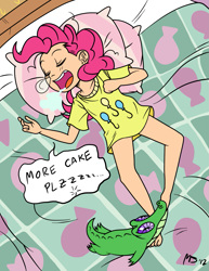 Size: 1041x1347 | Tagged: safe, artist:megasweet, artist:smile, edit, edited edit, editor:anonymous, gummy, pinkie pie, human, g4, bed, clothes, drool, female, humanized, light skin, onomatopoeia, open mouth, pillow, saliva puddle, salivating, shirt, sleep talking, sleeping, snoring, snot bubble, solo, sound effects, zzz