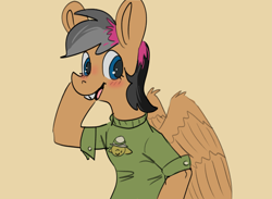 Size: 2957x2160 | Tagged: safe, artist:aliceg, daring do, spiral notepad, pegasus, anthro, g4, blushing, bucktooth, clothes, cosplay, costume, equine, high res, looking at you, shirt, simple background, smiling, solo
