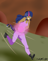 Size: 4000x5000 | Tagged: safe, artist:tickly-giggles, twilight sparkle, human, g4, twilight's kingdom, 2019, angry, belt, boots, clothes, dark skin, denim, female, grass, gritted teeth, humanized, jeans, magic, pants, running, scene interpretation, shoes, solo, tank top, teeth