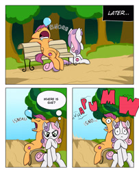 Size: 3000x3700 | Tagged: safe, artist:begoliah, scootaloo, sweetie belle, pegasus, pony, unicorn, comic:crusaders, g4, bench, comic, dialogue, female, high res, onomatopoeia, open mouth, sleeping, snoring, snot bubble, sound effects